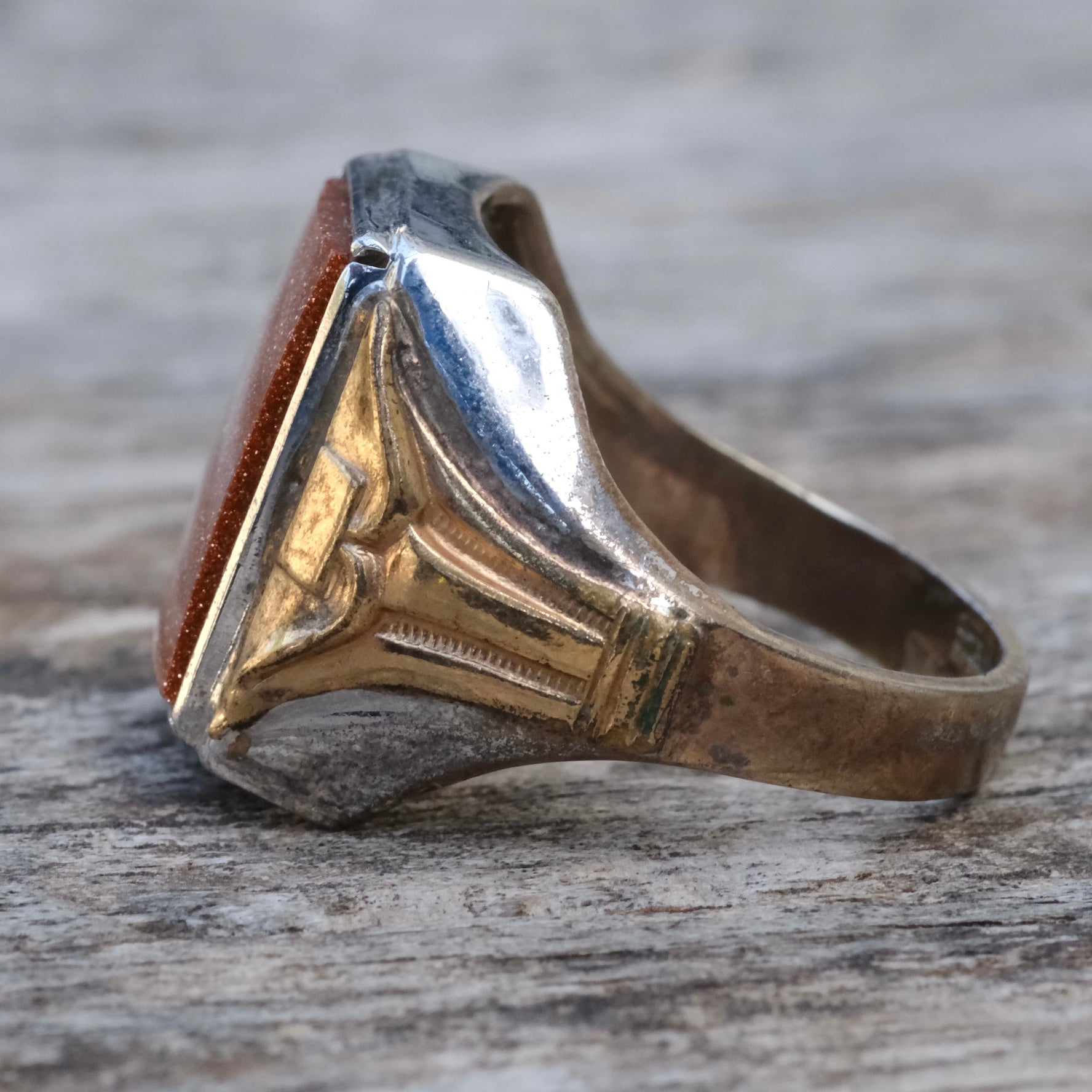 Vintage Sterling Goldstone Signet Ring 10.75