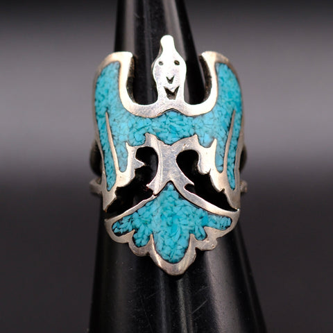 Vintage Sterling Turquoise Inlay Thunderbird Ring 5.75