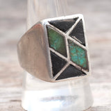 Vintage Sterling Turquoise and Onyx Inlay Ring 10.25