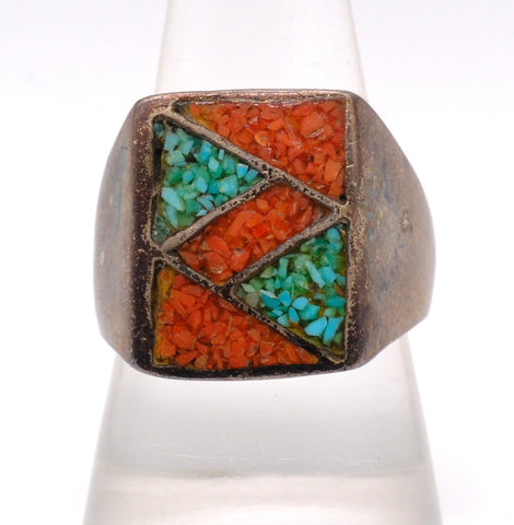 Vintage Sterling Turquoise and Coral Inlay Ring 9.5