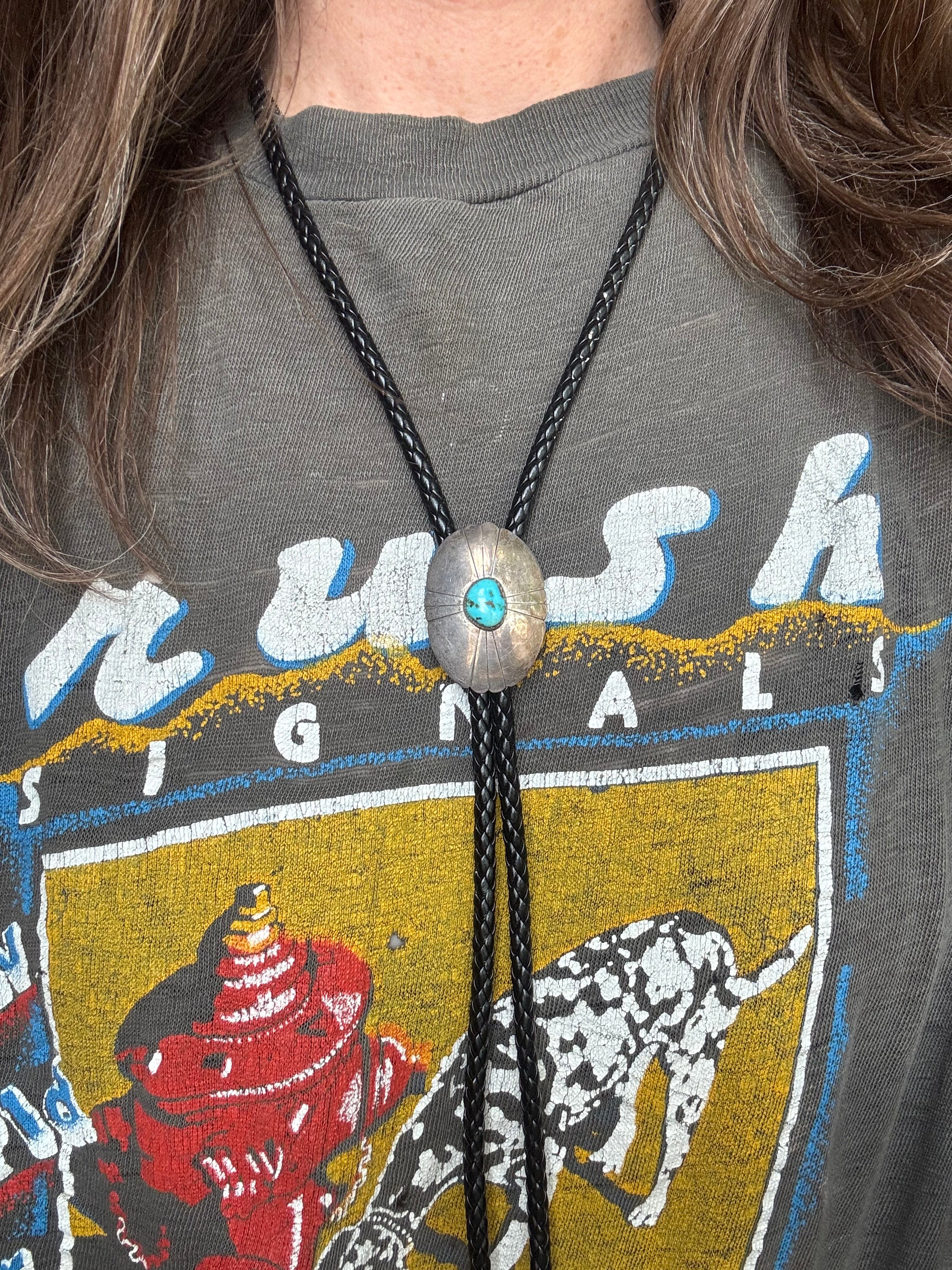 Vintage Sterling Silver Turquoise Concho Bolo