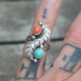 Vintage Sterling Turquoise and Coral Feather Ring 5.25