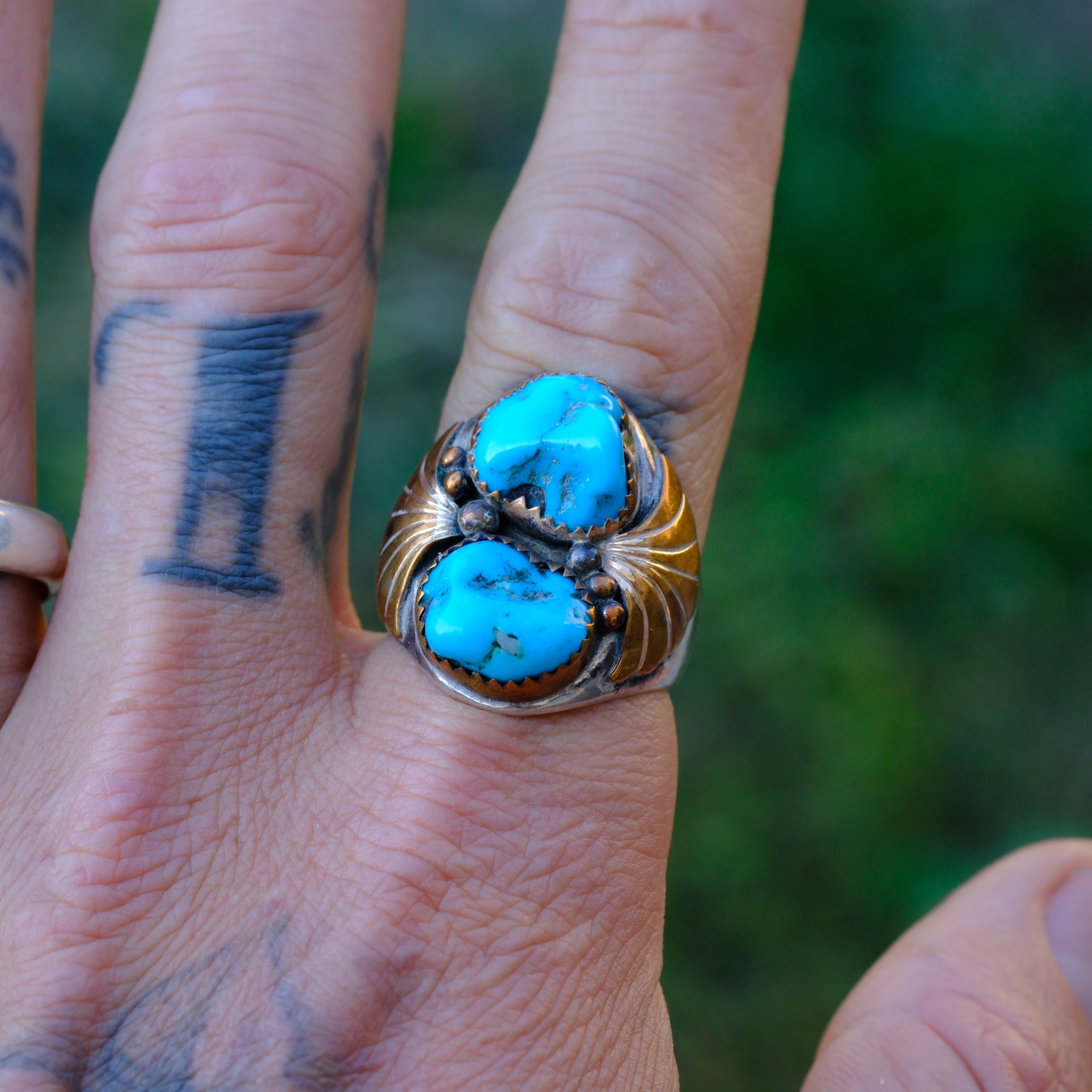 Vintage Sterling and Copper 2-Stone Turquoise Ring 10