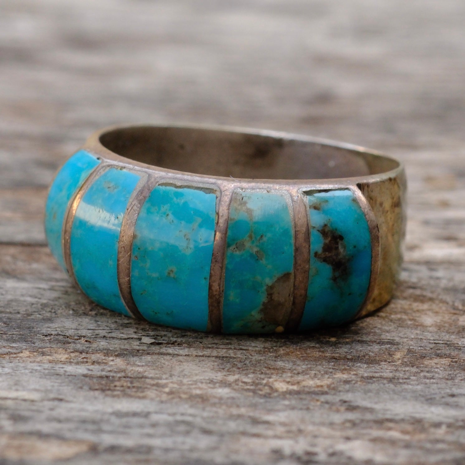 Vintage Sterling Turquoise Inlay Thick Band Ring 10.25