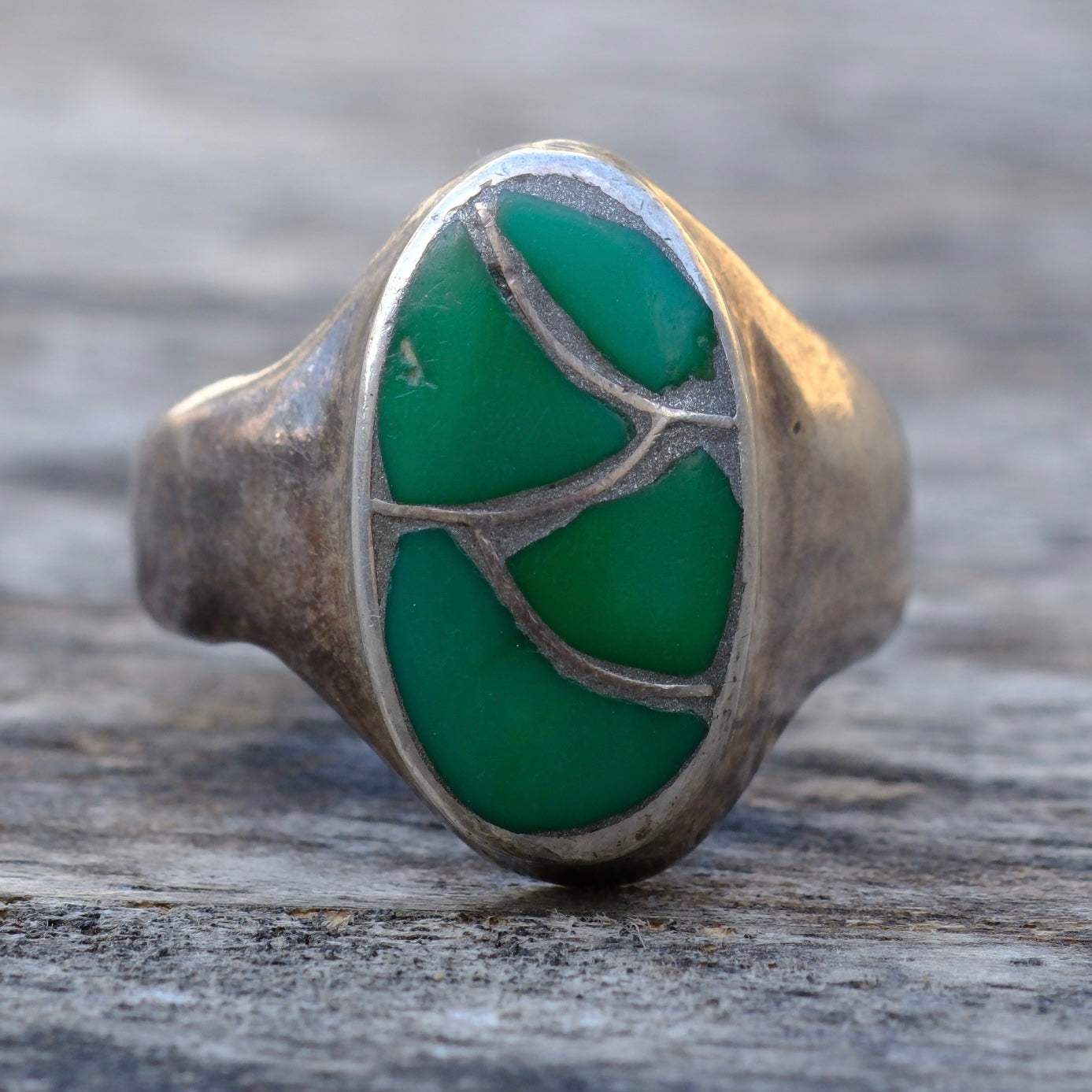 Vintage Sterling Turquoise Inlay Fishscale Ring 6.75