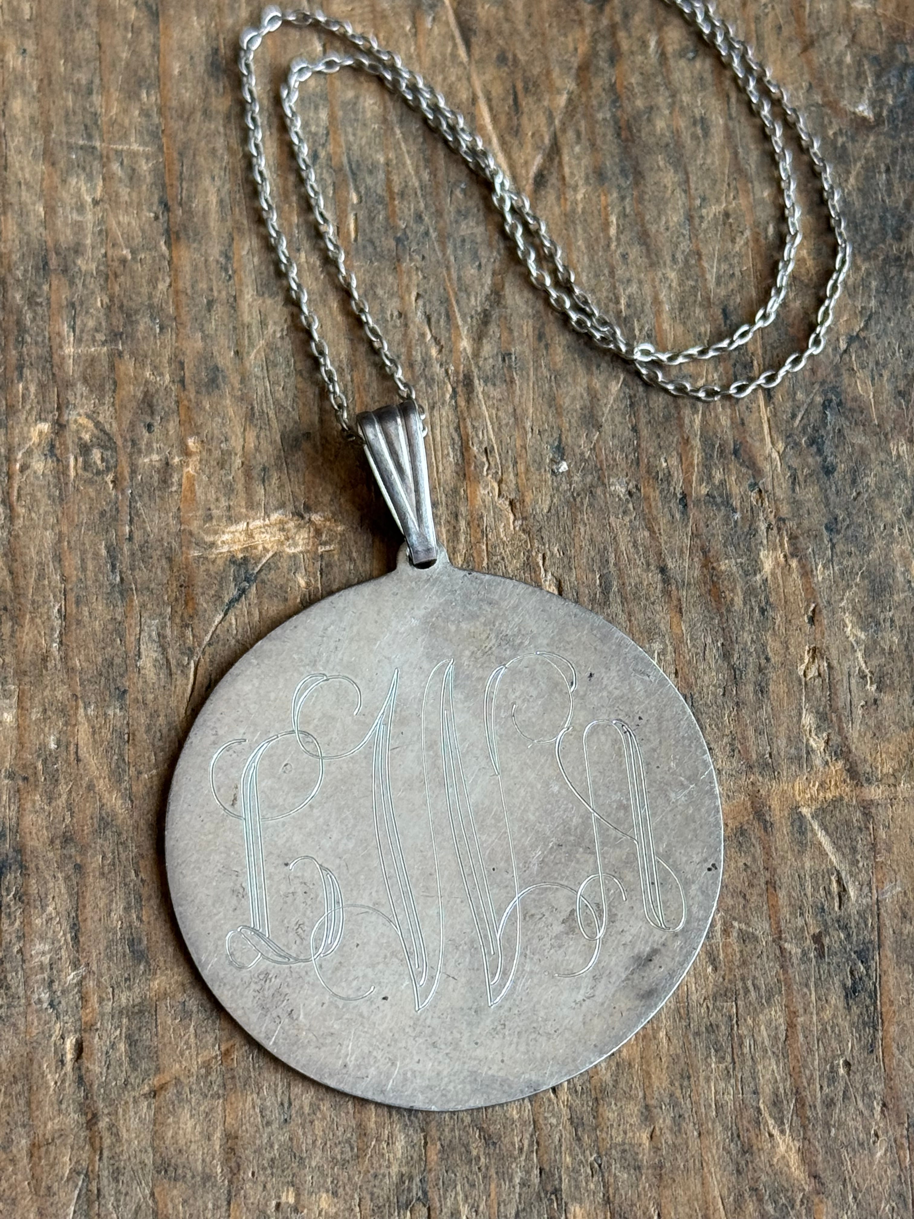 Vintage Sterling Silver Engraved ‘LWA’ Medallion Necklace