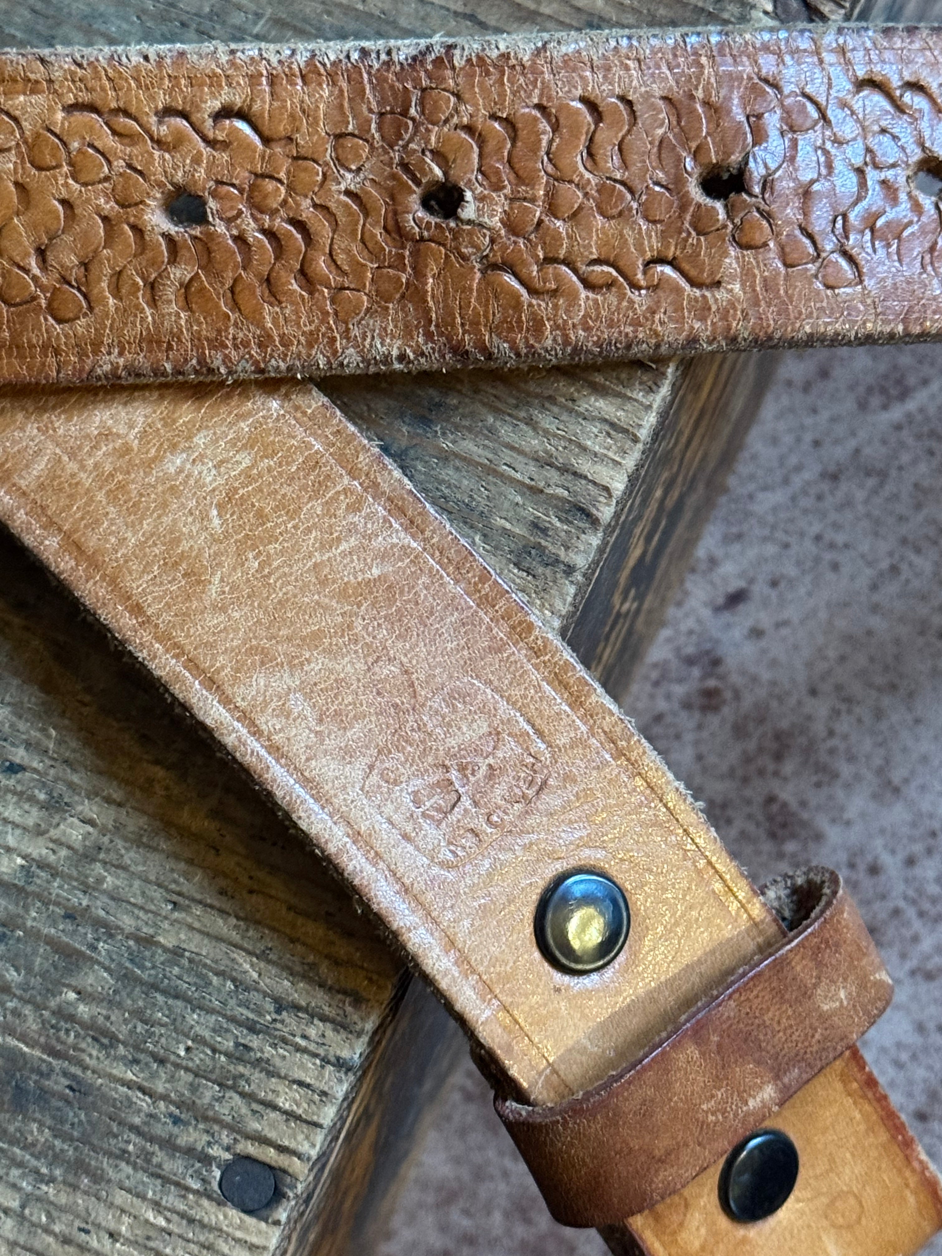 Vintage Stamped Laced Brown Leather Belt