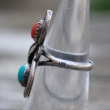 Vintage Sterling Turquoise and Coral Feather Ring 5.75