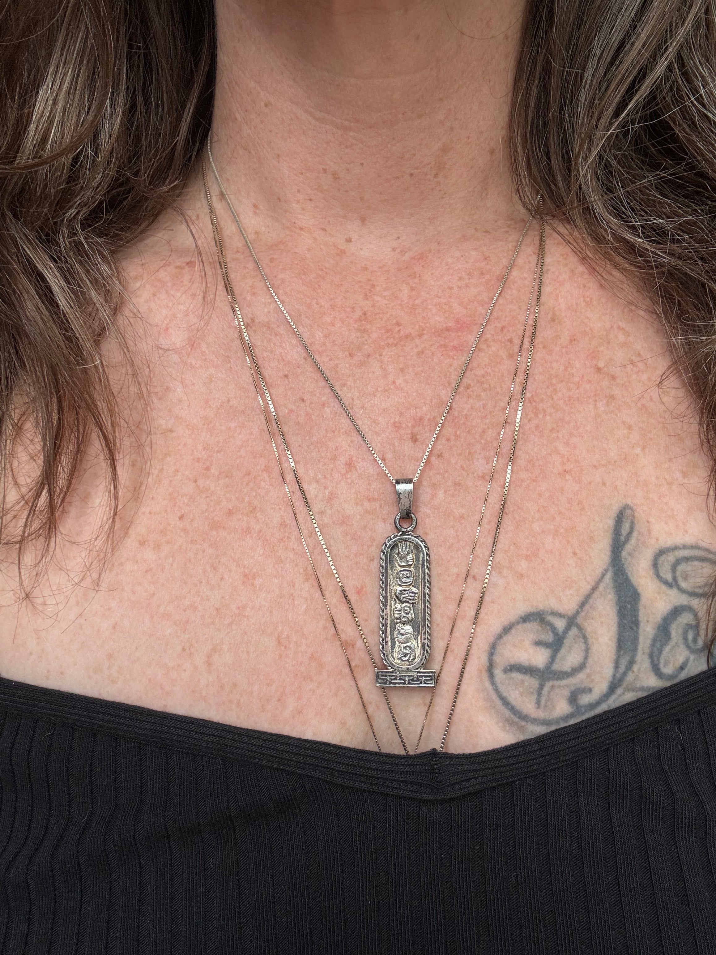 Vintage Sterling Silver Mayan Cartouche Necklace