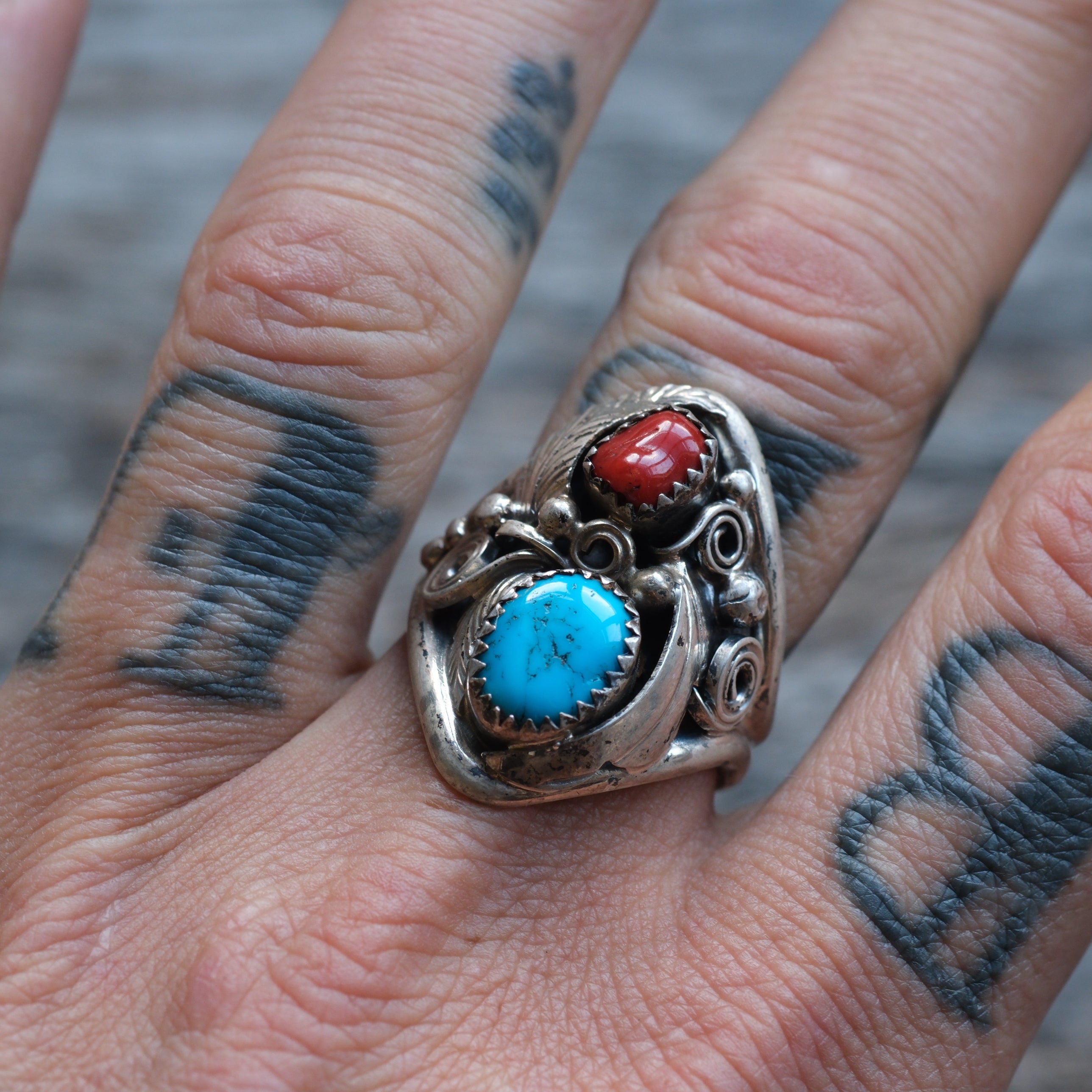 Vintage Sterling Turquoise and Coral Feather Ring 10.25