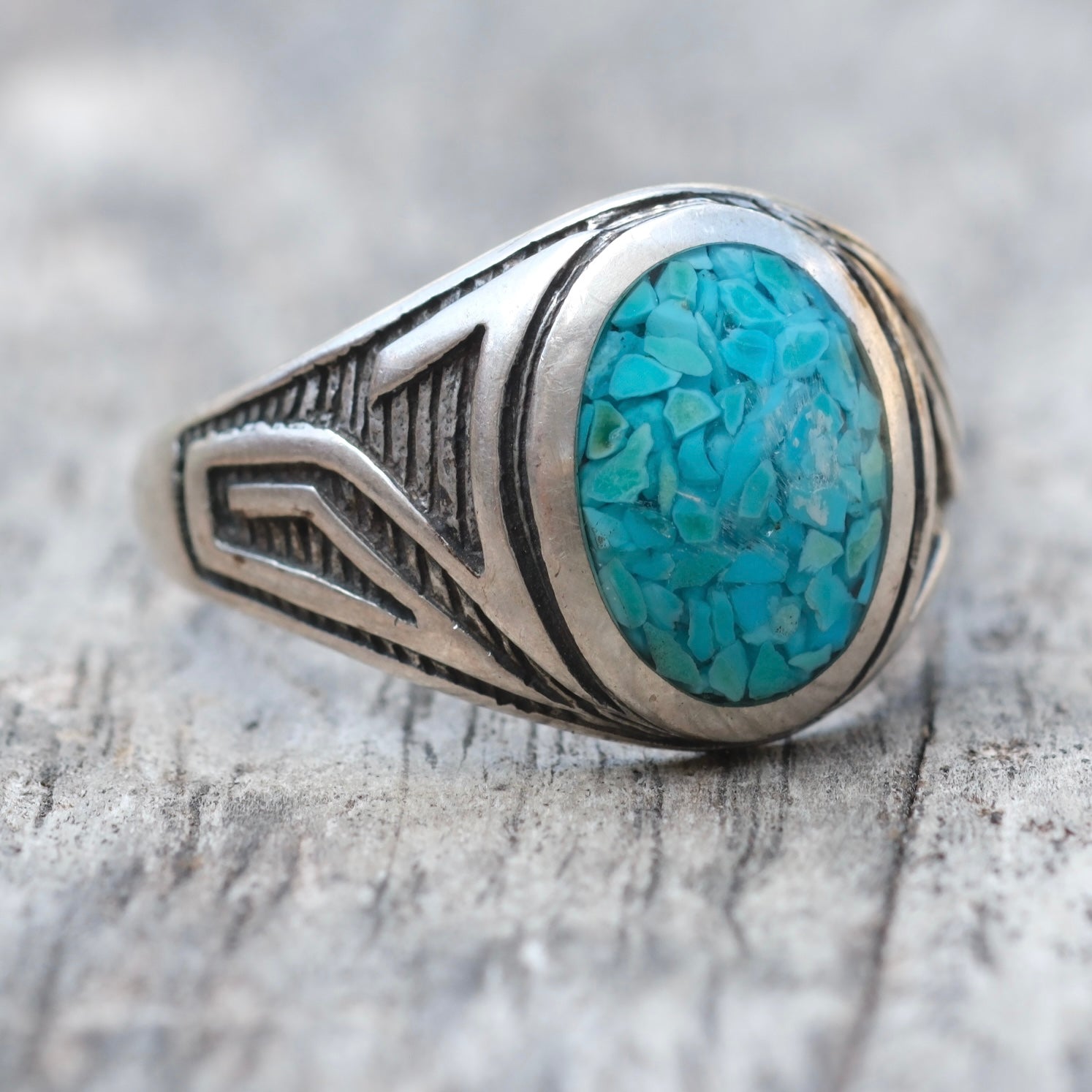 Vintage Sterling Crushed Turquoise Ring 10.75
