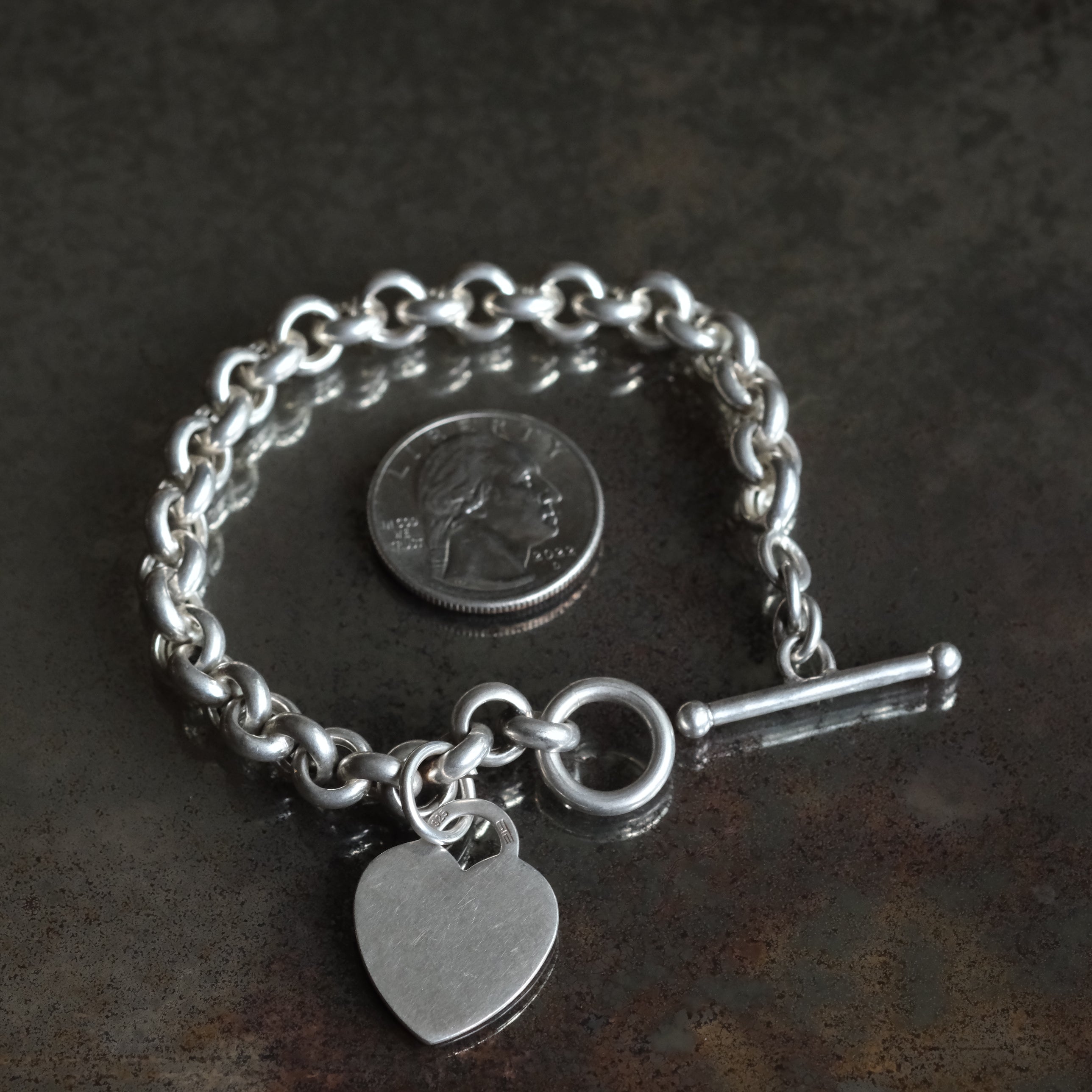 Vintage Sterling Rolo Link Heart ID Bracelet 7.5"