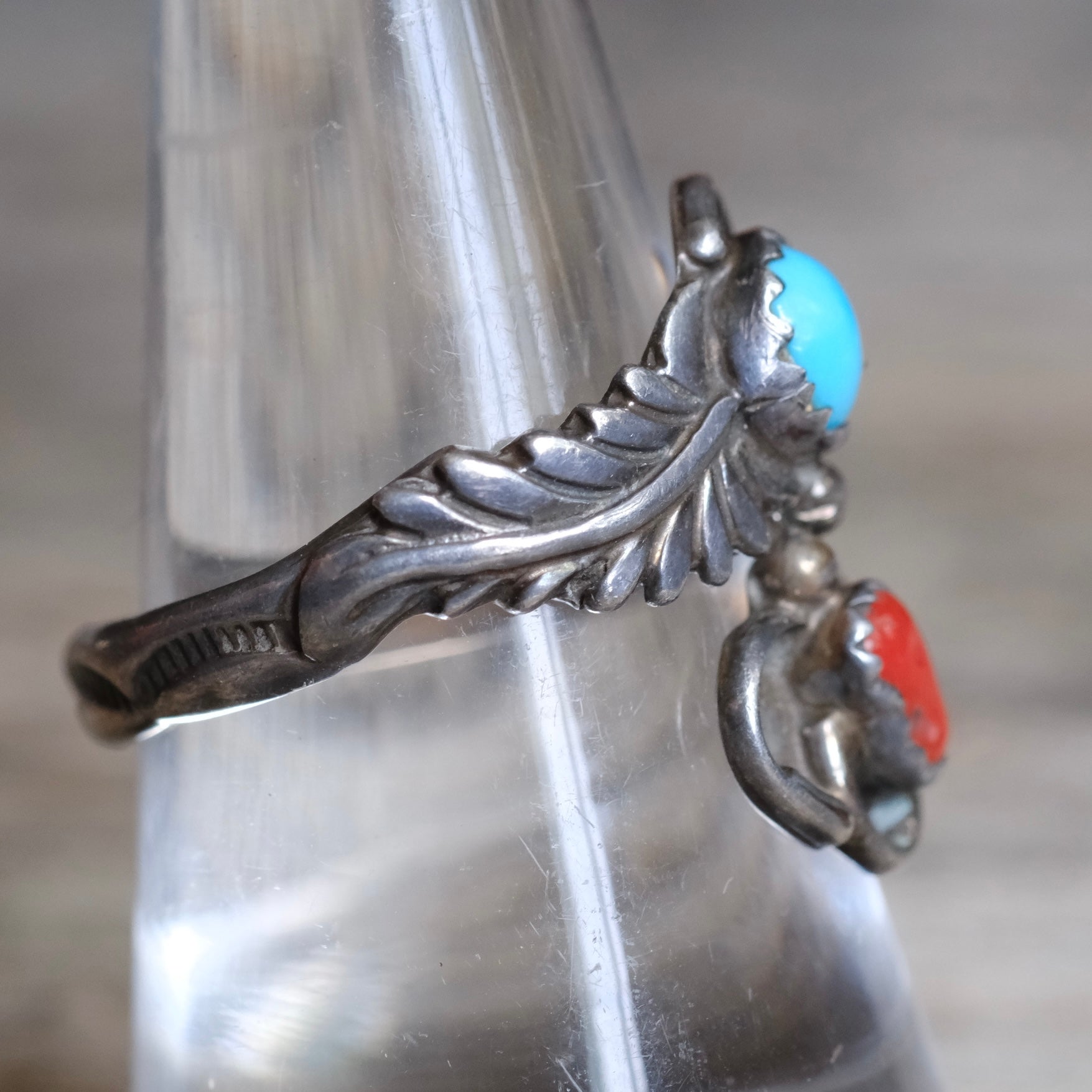 Vintage Sterling Turquoise and Coral Feather Overpass Ring 8.5