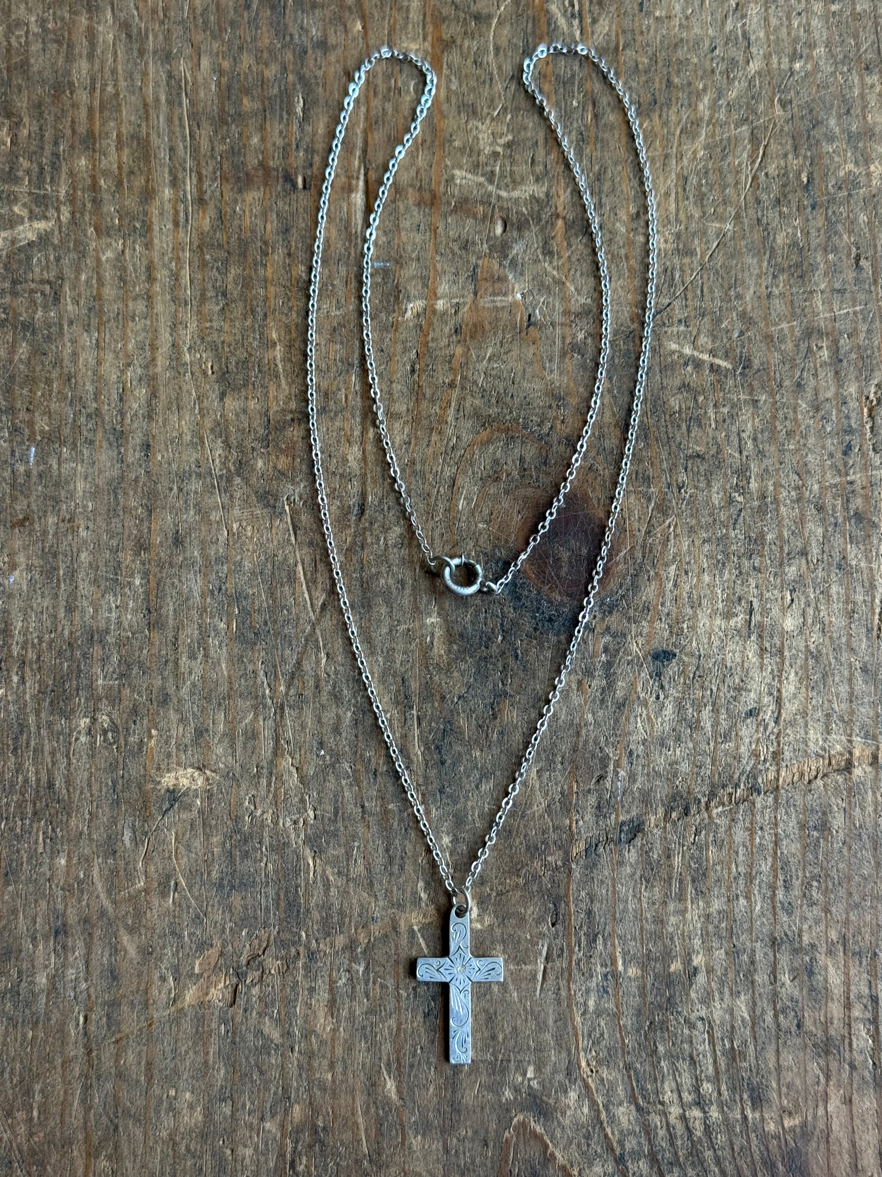 Vintage Sterling Silver Etched Cross Necklace