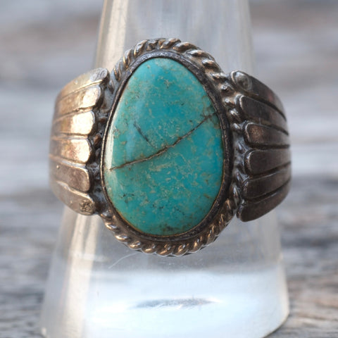 Vintage Sterling Turquoise Ribbed Band Ring 10.75
