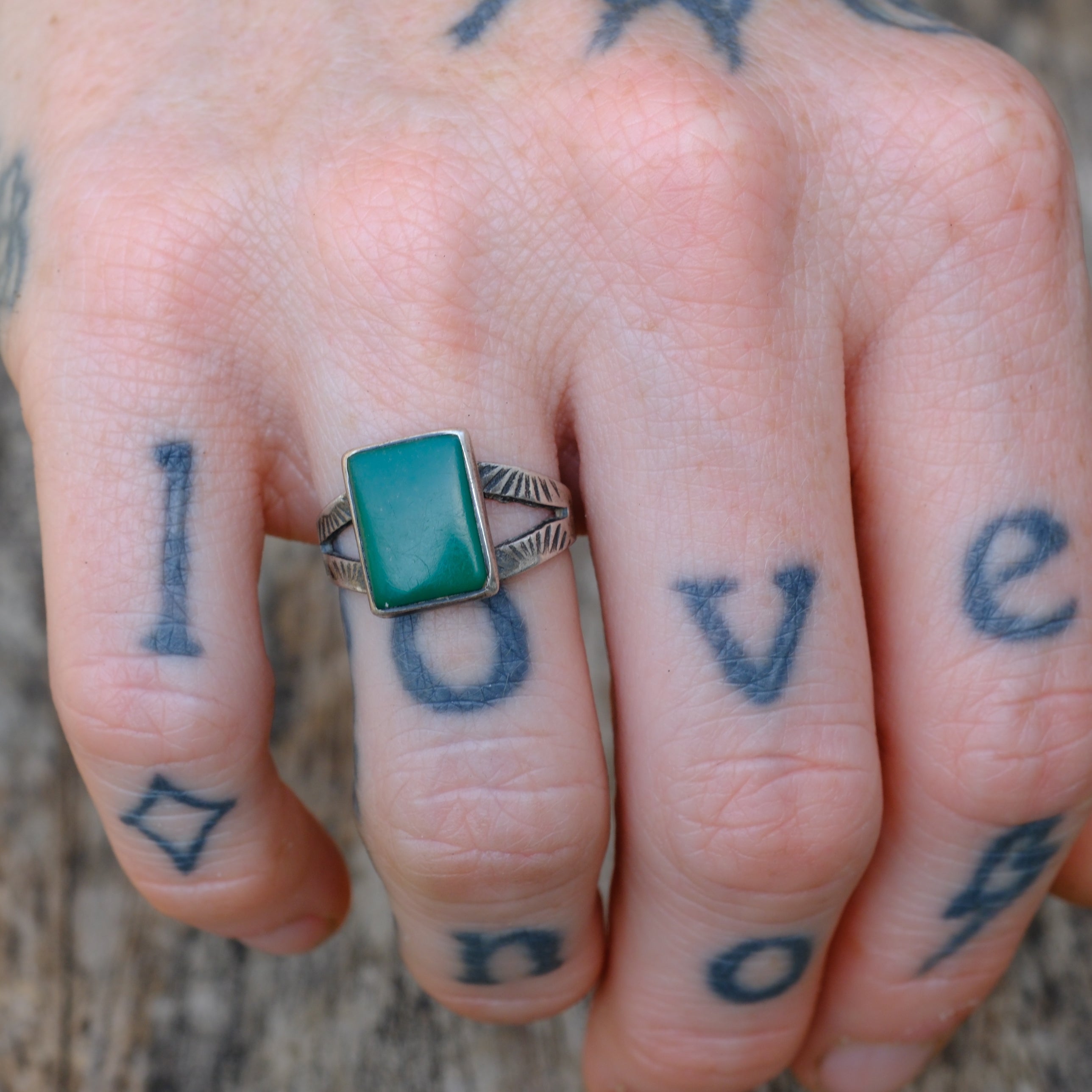 Vintage Sterling Turquoise Stamped Band Ring 6