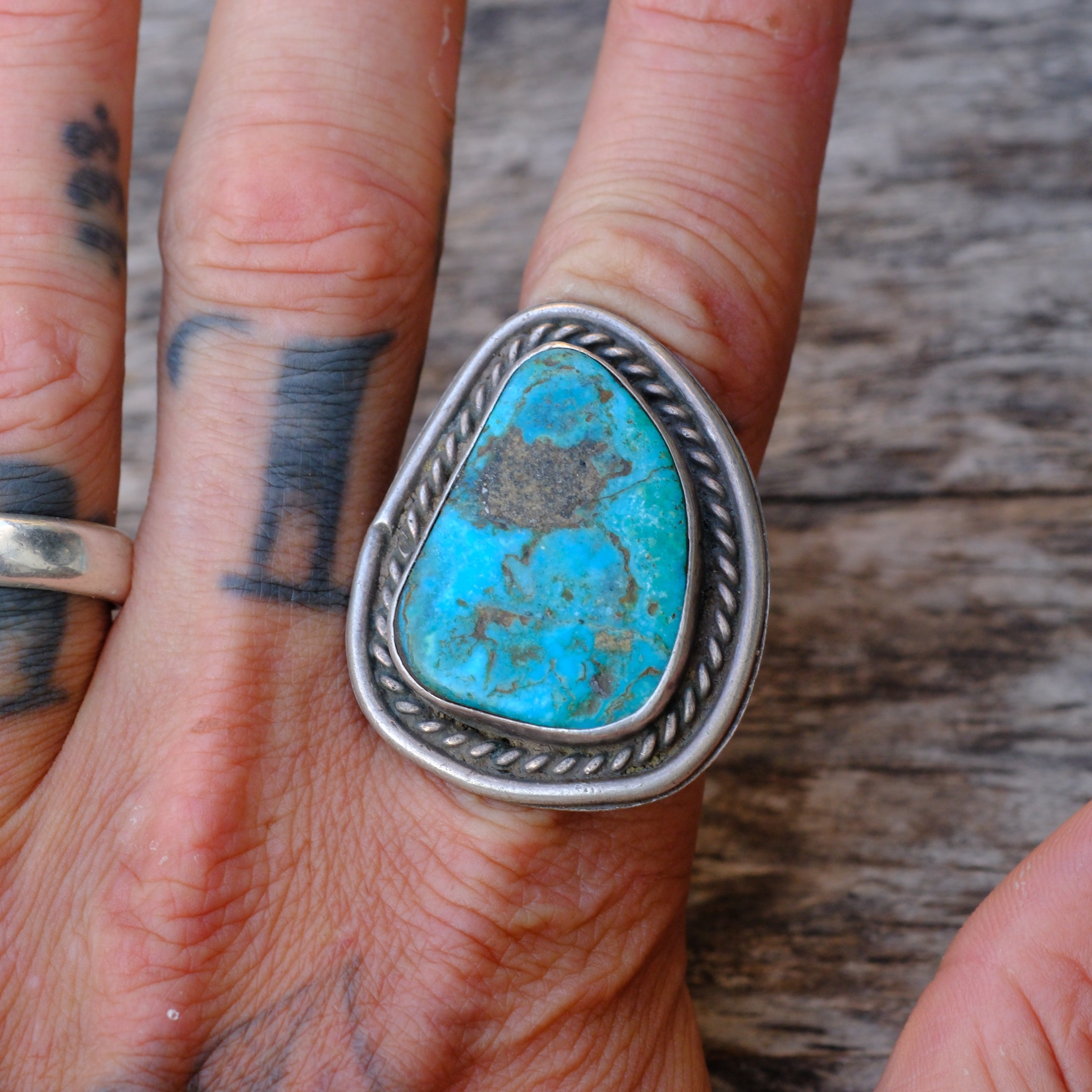 Huge Vintage Sterling Turquoise Roper Ring 11