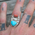 Vintage Sterling Turquoise and Coral Feather Ring 10.25