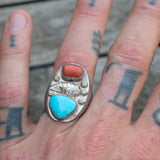 Vintage Sterling Turquoise and Coral Feather Ring 10.25