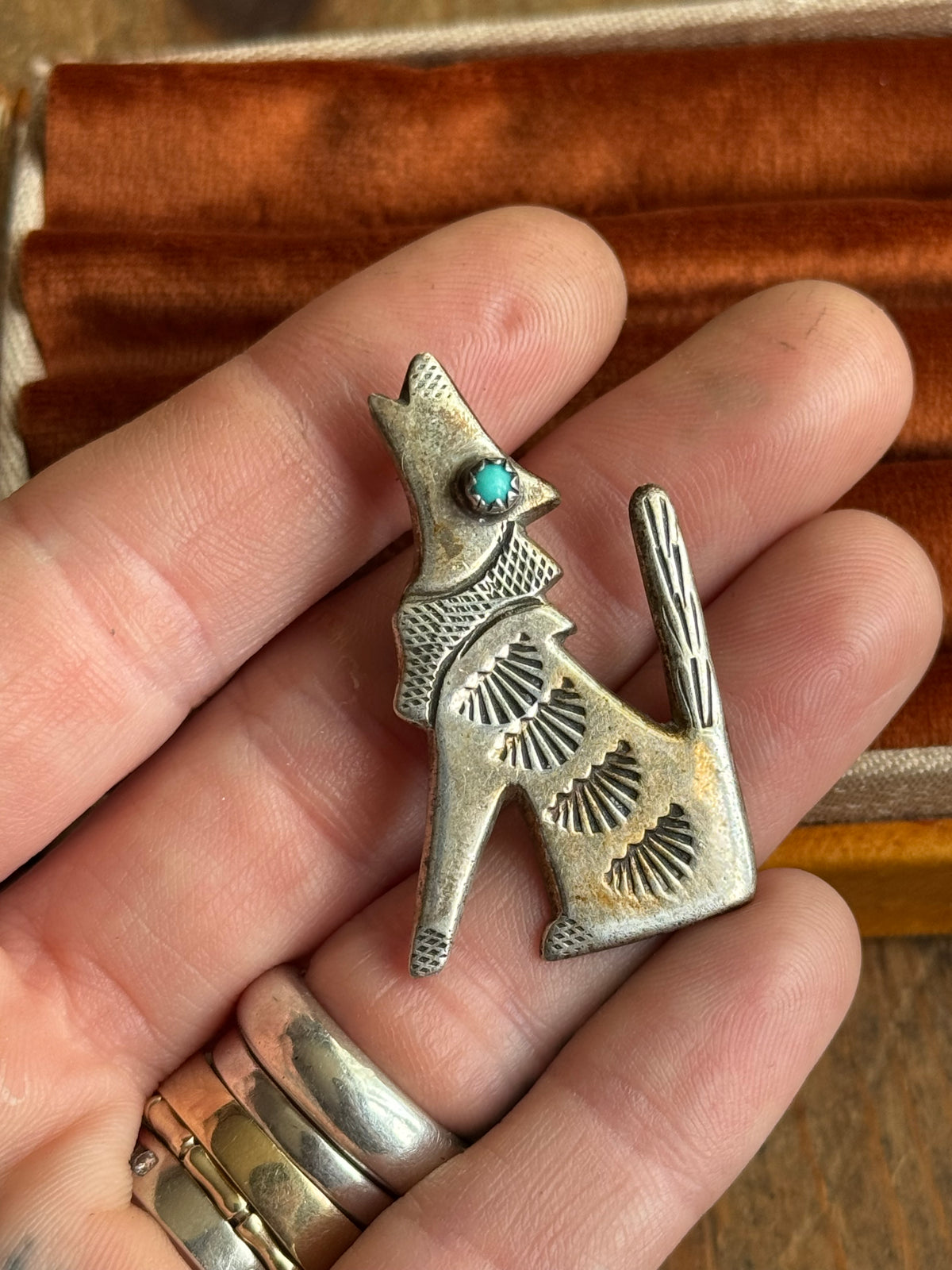 Vintage Sterling Silver Turquoise Coyote Pin