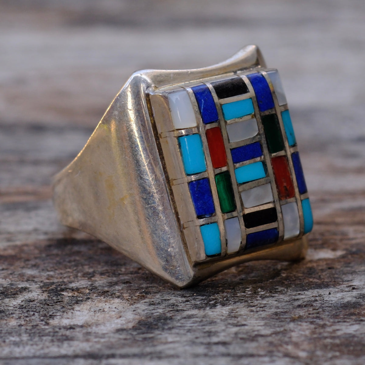 Vintage Sterling Multi Stone Inlay Panel Ring 8.75
