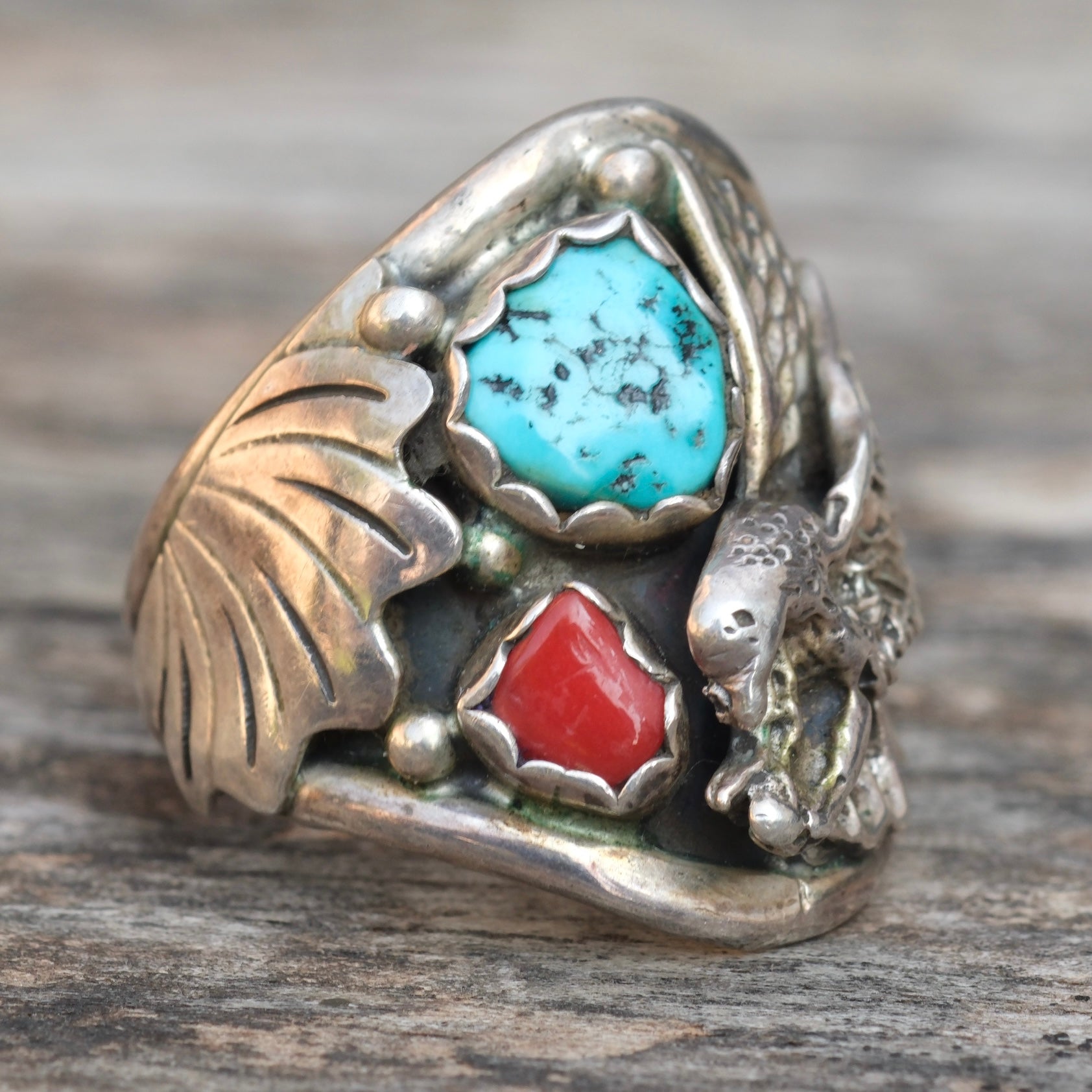 Vintage Sterling Turquoise and Coral Eagle Ring 10