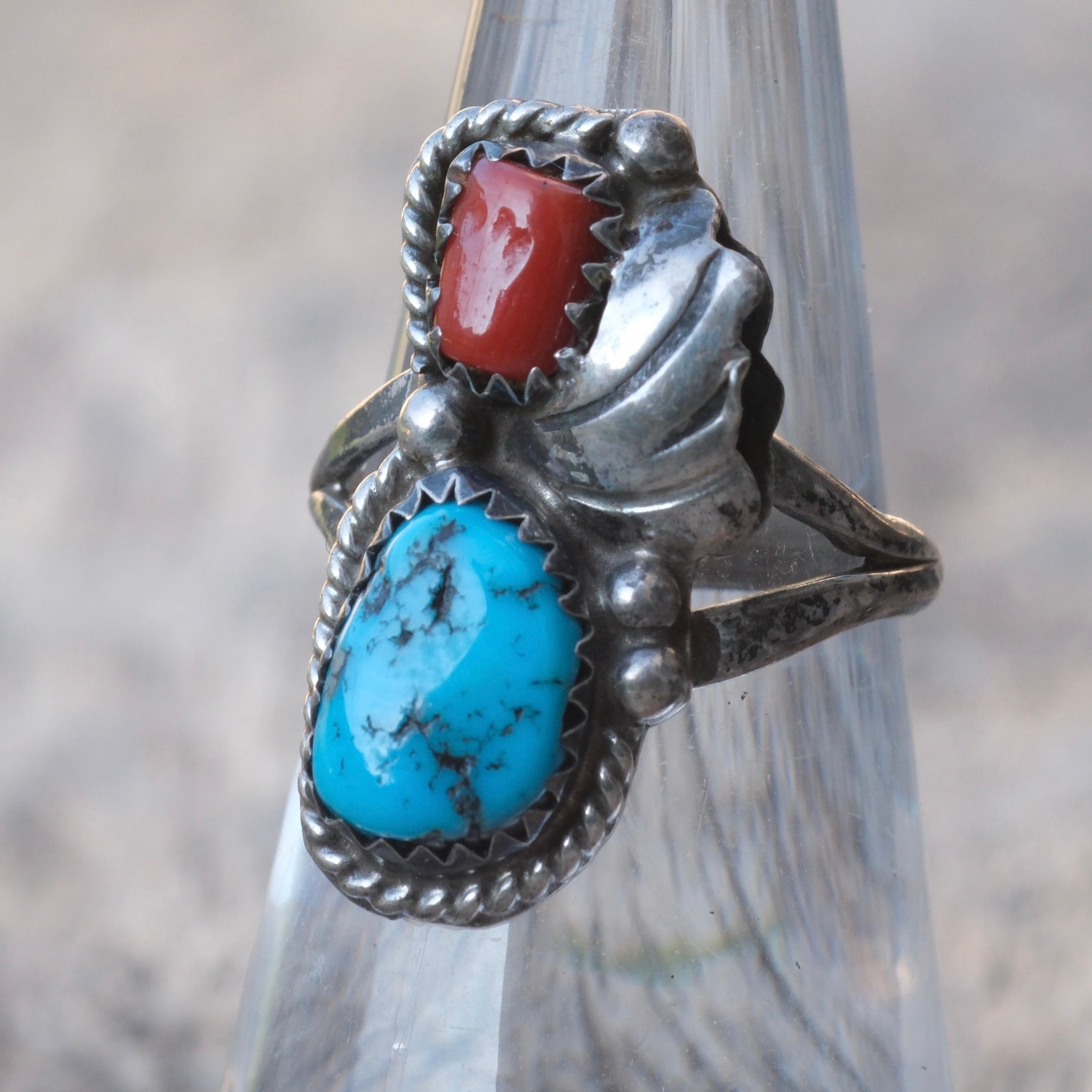 Vintage Sterling Turquoise and Coral Feather Ring 5.75