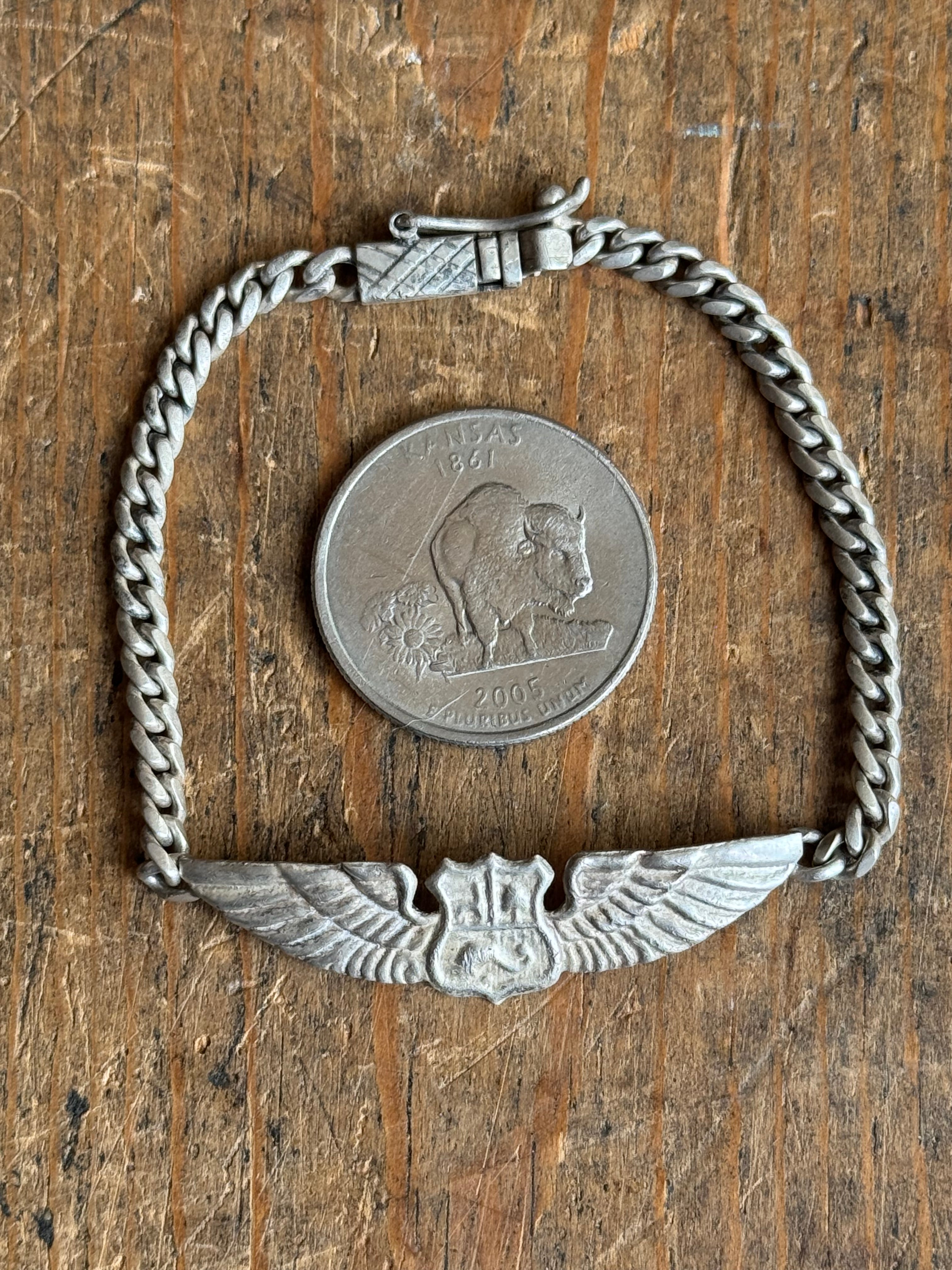 Vintage Sterling Silver 7” Winged Crest Curb Chain Bracelet