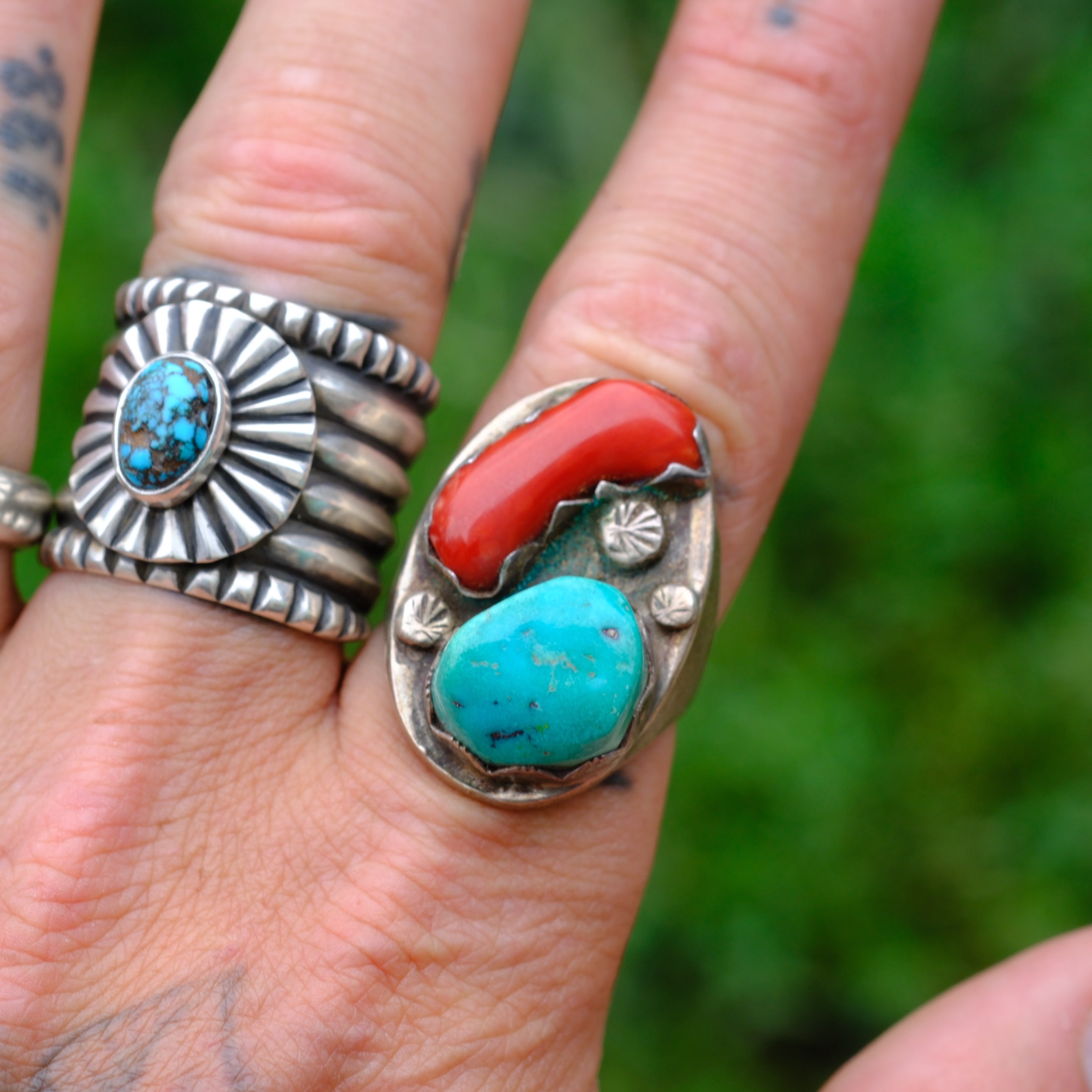 Vintage Sterling Turquoise and Coral Ring 9.5