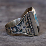 Vintage Sterling Turquoise MOP and Onyx Sunrise Inlay Thunderbird Ring 9