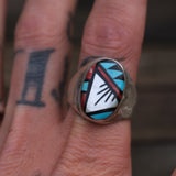 Vintage Sterling Zuni Inlay Ring 11.5