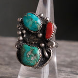 Vintage Sterling Turquoise and Coral Feather Ring 7.25