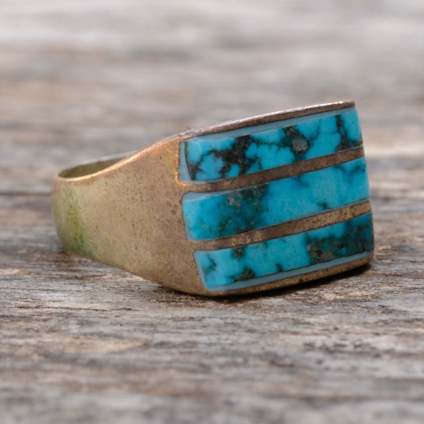 Vintage Sterling Turquoise Inlay Striper Ring 8.75