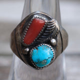 Vintage Sterling Turquoise and Coral Feather Ring 6.5