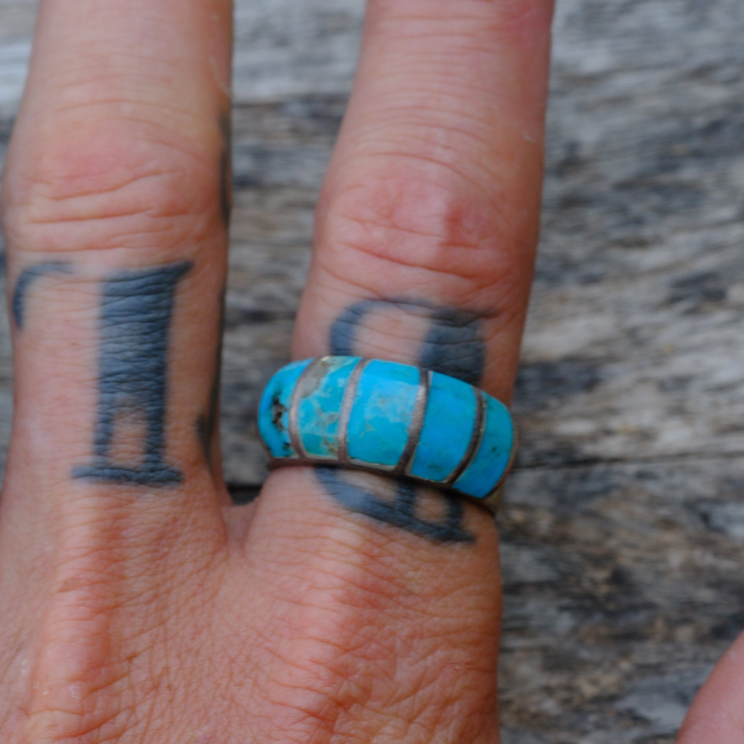 Vintage Sterling Turquoise Inlay Thick Band Ring 10.25