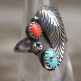 Vintage Sterling Turquoise and Coral Feather Ring 6.25
