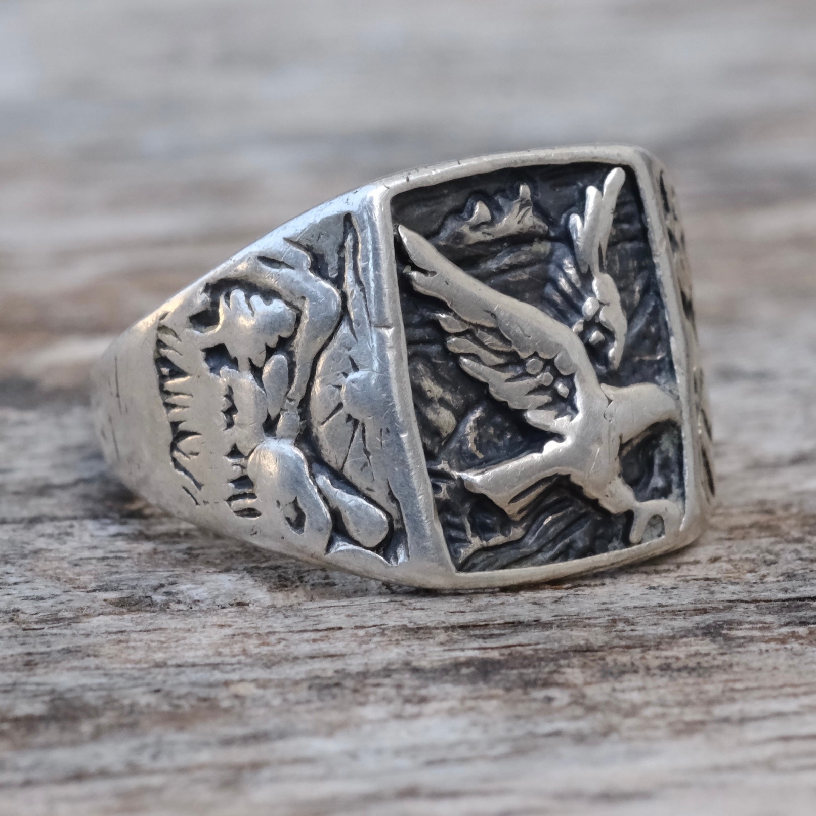 Vintage Sterling Eagle Mountain Signet Ring 9.25