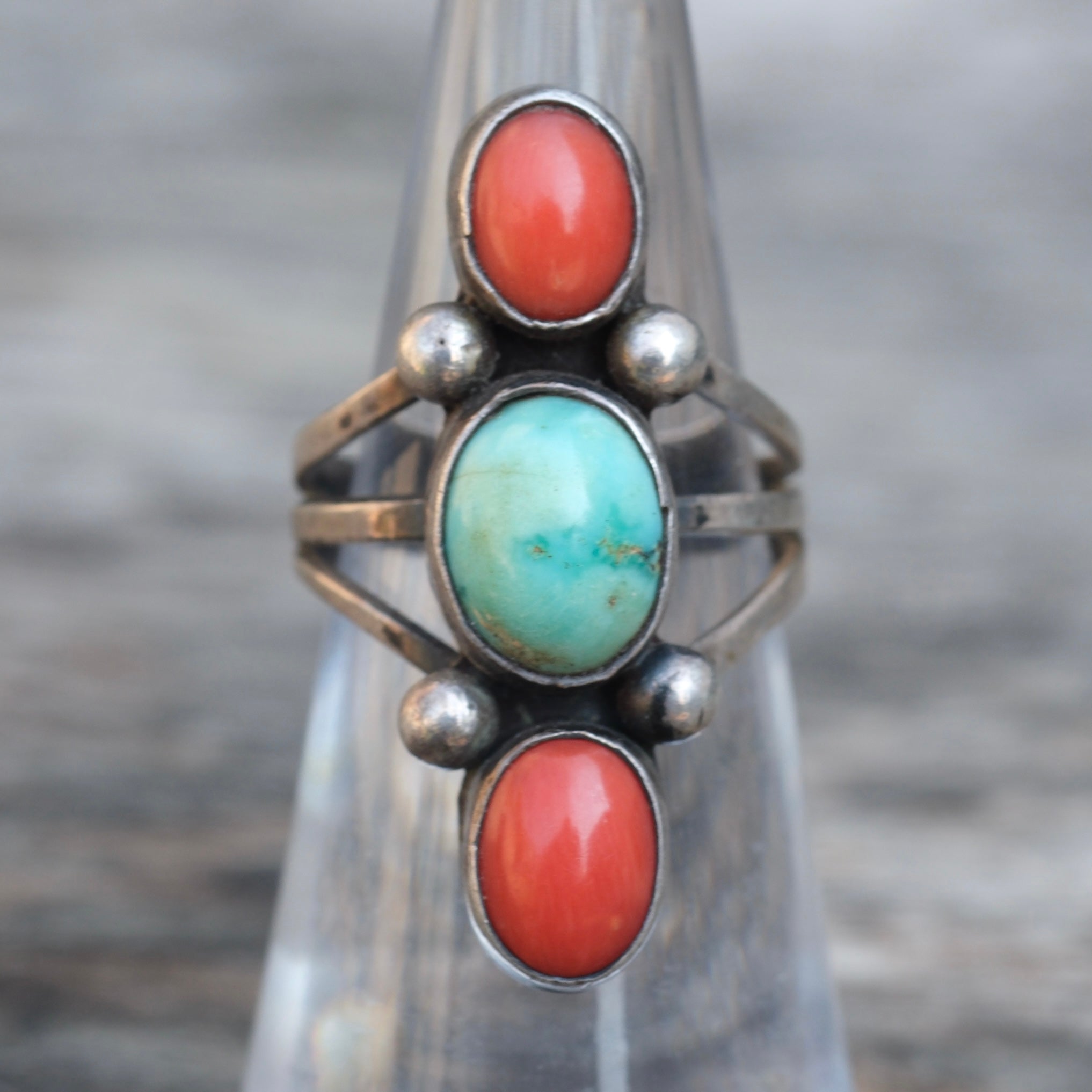 Vintage Sterling Turquoise and Coral Ring 5.5