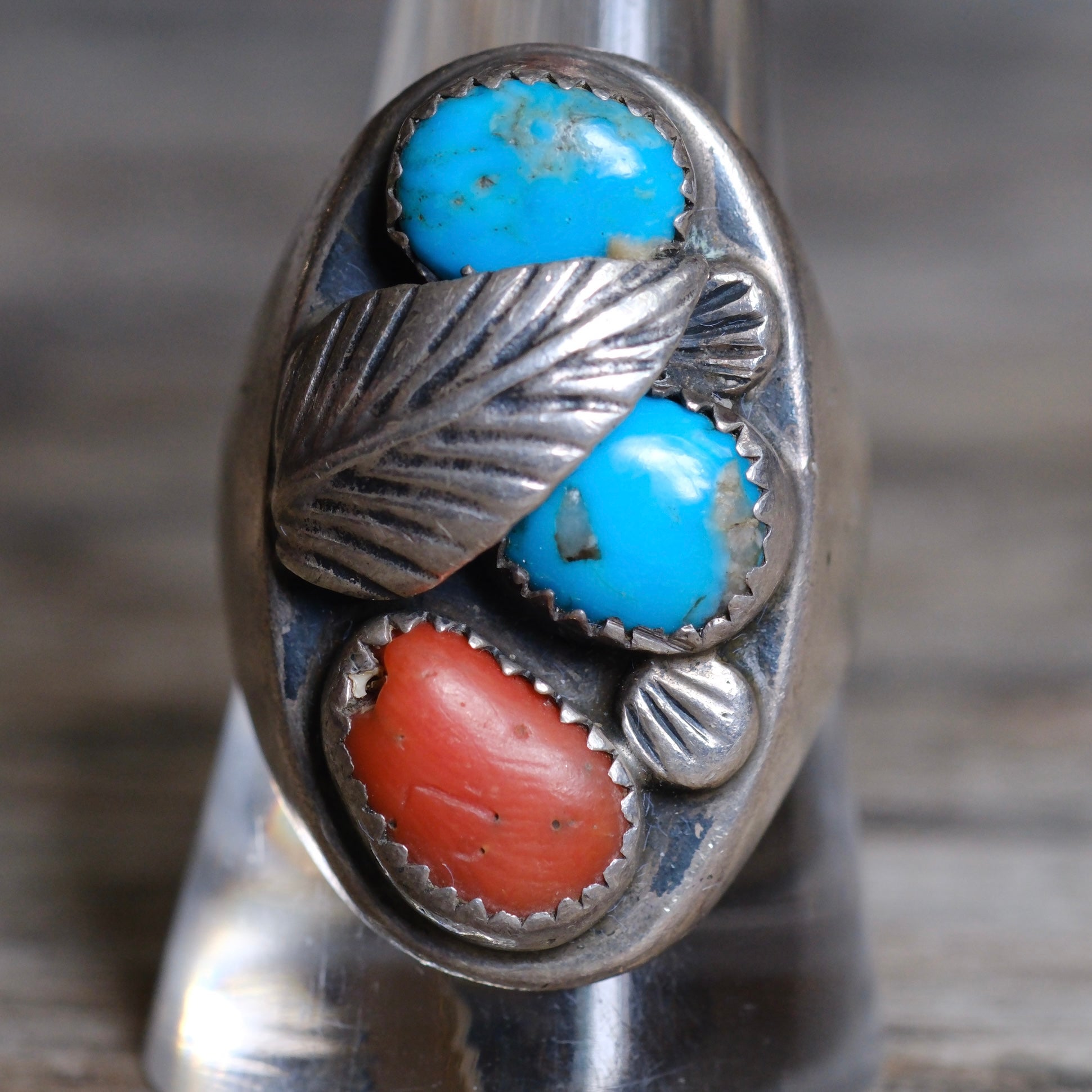 Vintage Sterling Turquoise and Coral Feather Ring 9.5