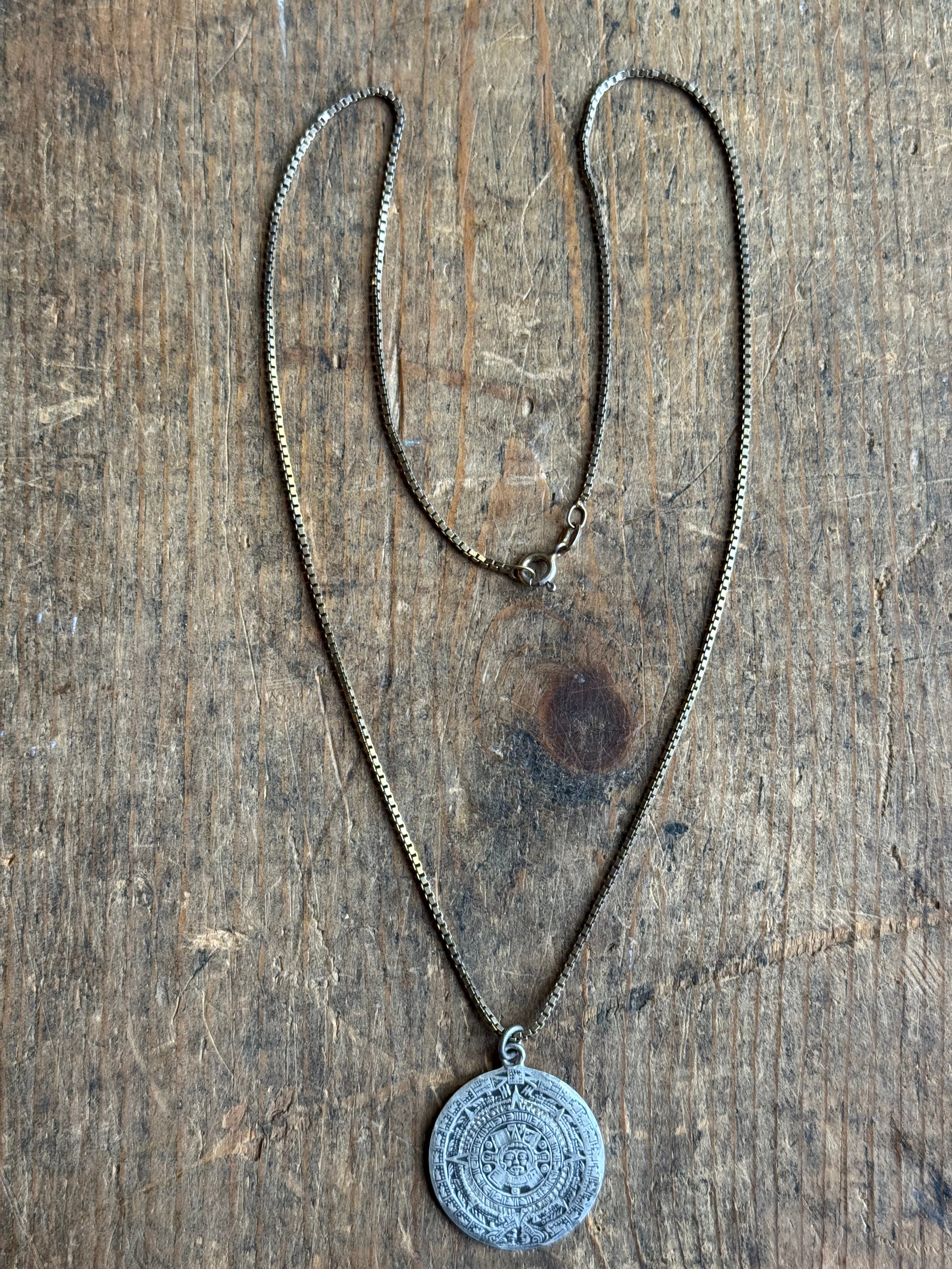 Vintage Sterling Silver Aztec Calendar Necklace