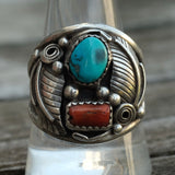 Vintage Sterling Turquoise and Coral Feather Ring 10.5