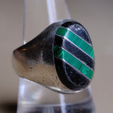 Vintage Sterling Onyx and Malachite Inlay Striper Ring 10