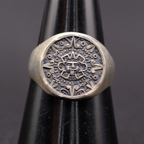 Vintage Sterling Silver Aztec Calendar Ring 7.75