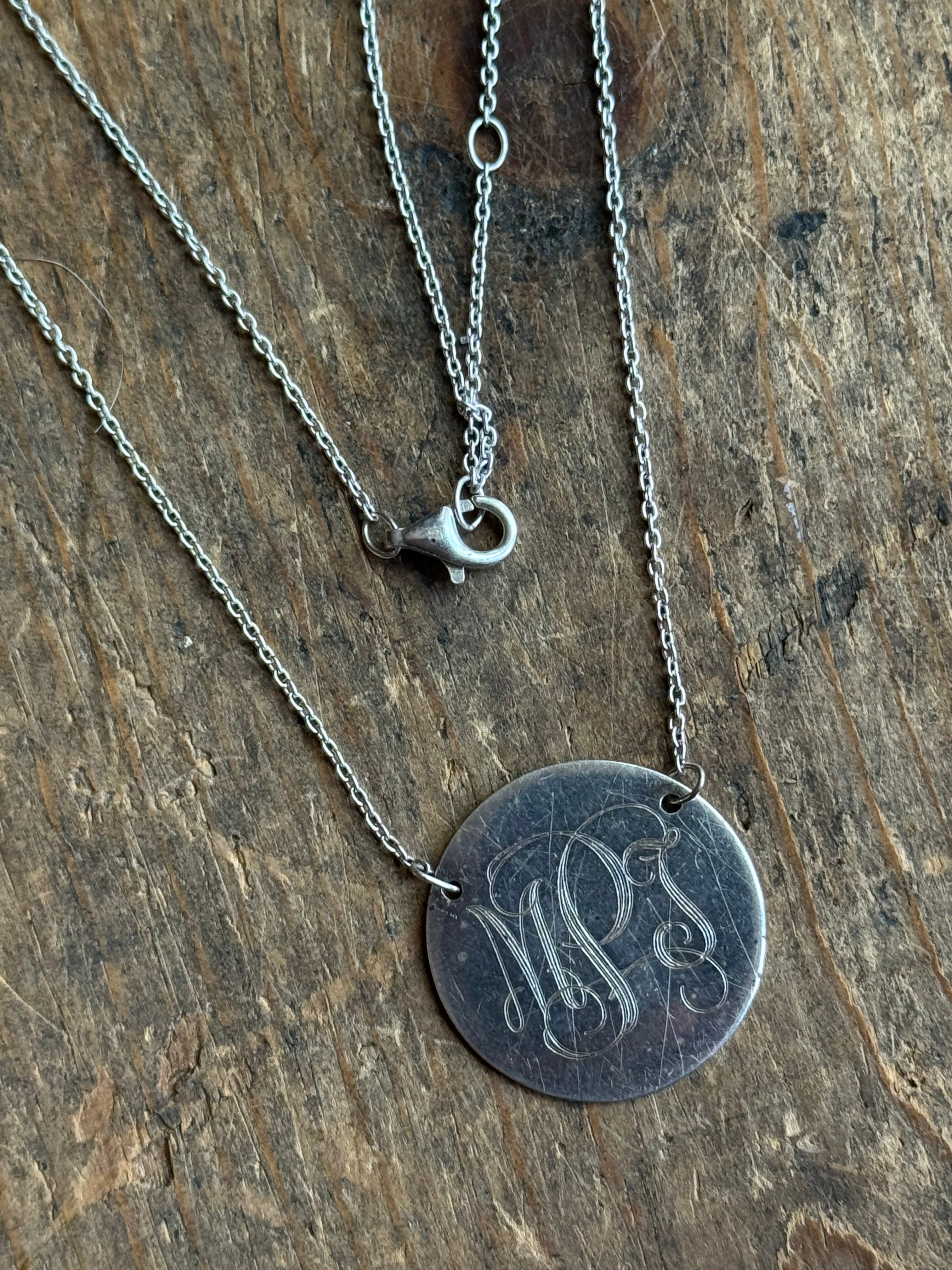 Vintage Sterling Silver ‘PMI’ Etched Medallion Necklace