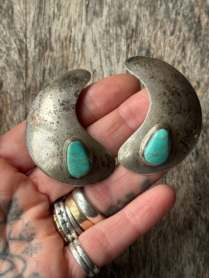 Vintage Sterling Silver Large Turquoise Domed Paisley Earrings