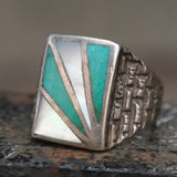Vintage Sterling Turquoise and Mother Of Pearl Sunrise Ring 10.75