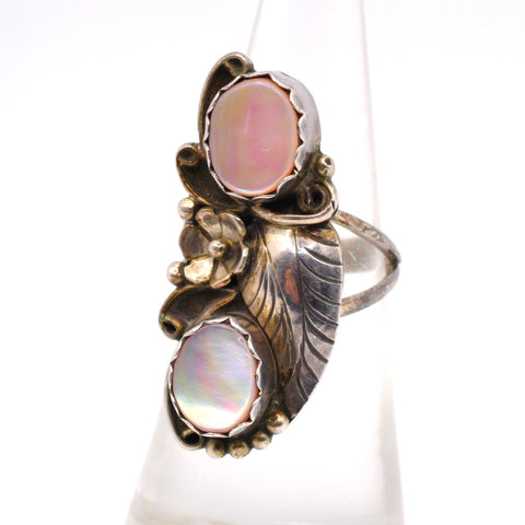 Vintage Sterling 2-Stone mother Of Pearl Feather Ring 5.5