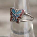 Vintage Sterling Turquoise and Coral Butterfly Ring 6.5
