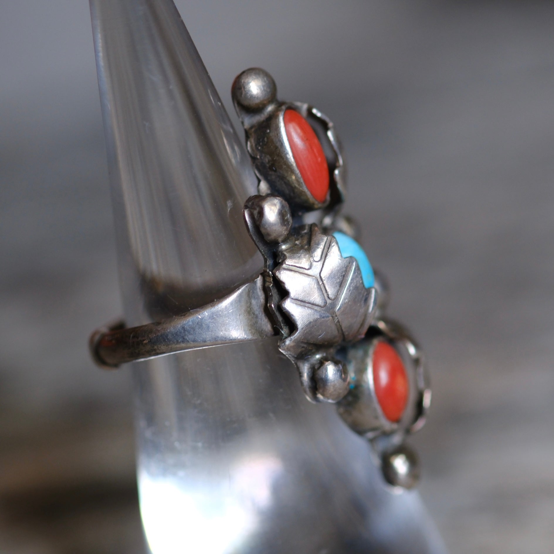 Vintage Sterling Turquoise and Coral Feather Ring 6