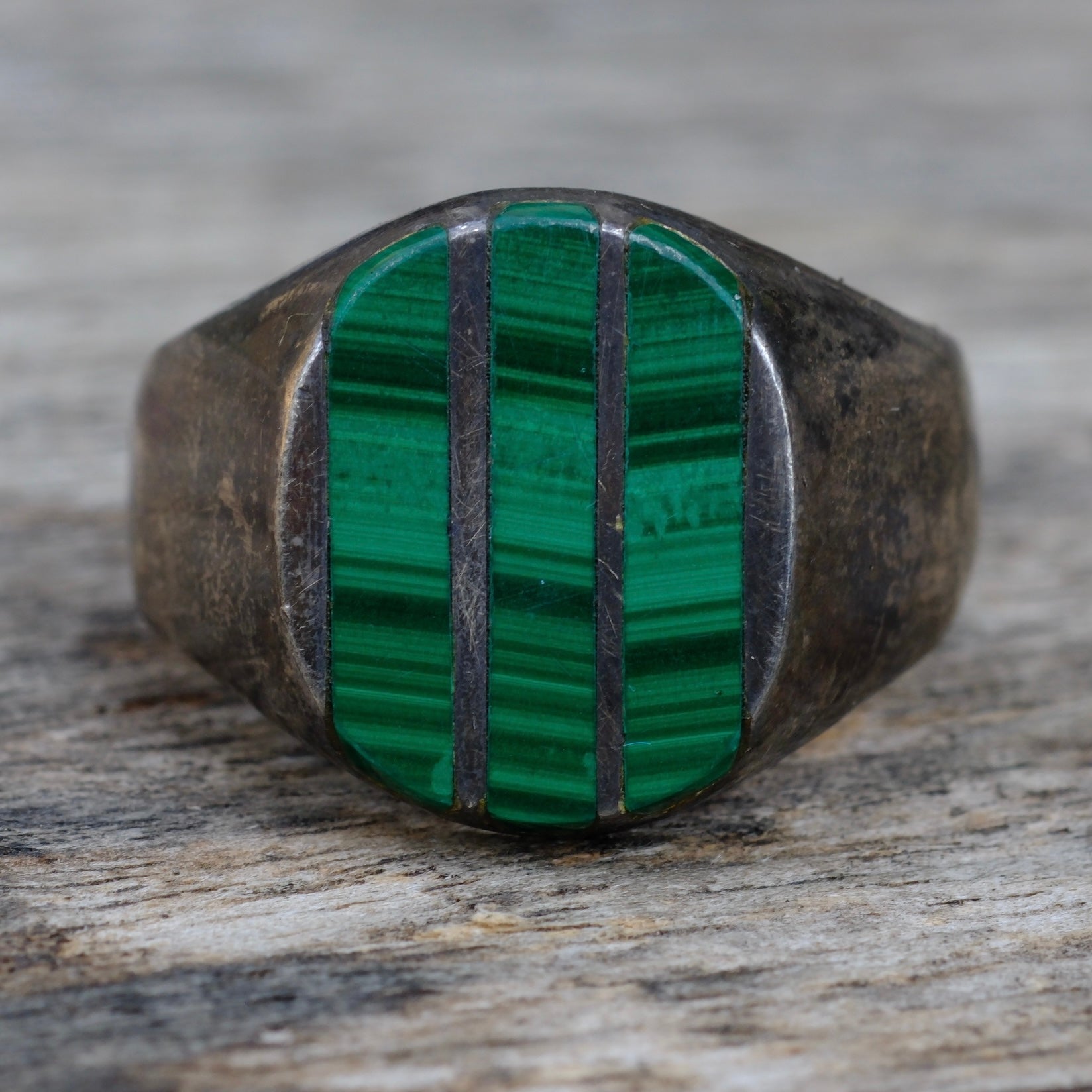 Vintage Sterling Malachite Inlay Striper Ring 13.25